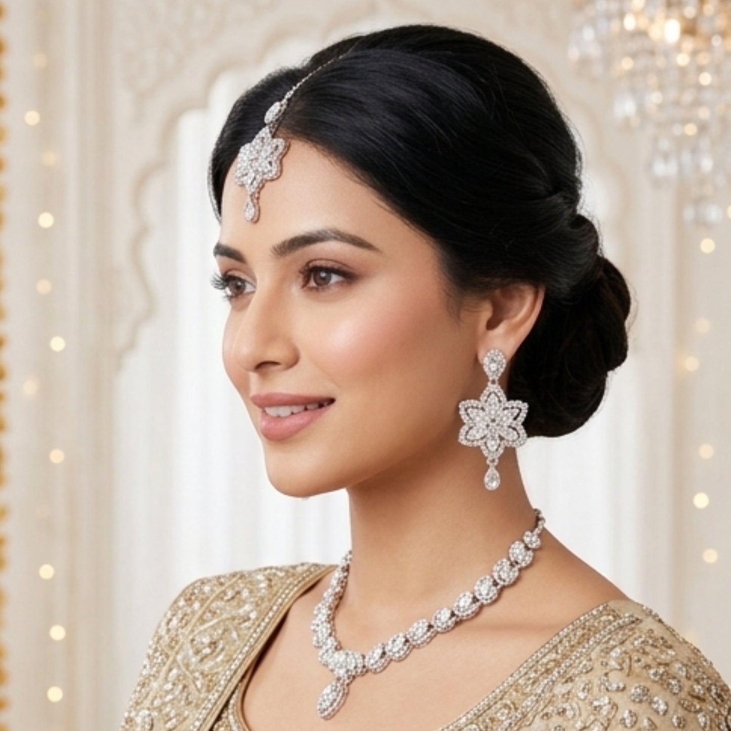 Heavy chain necklace with Star shaped earrings & maang tikka