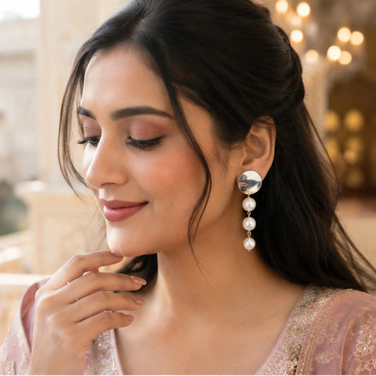 Silver Disc Pearl Drop Earrings