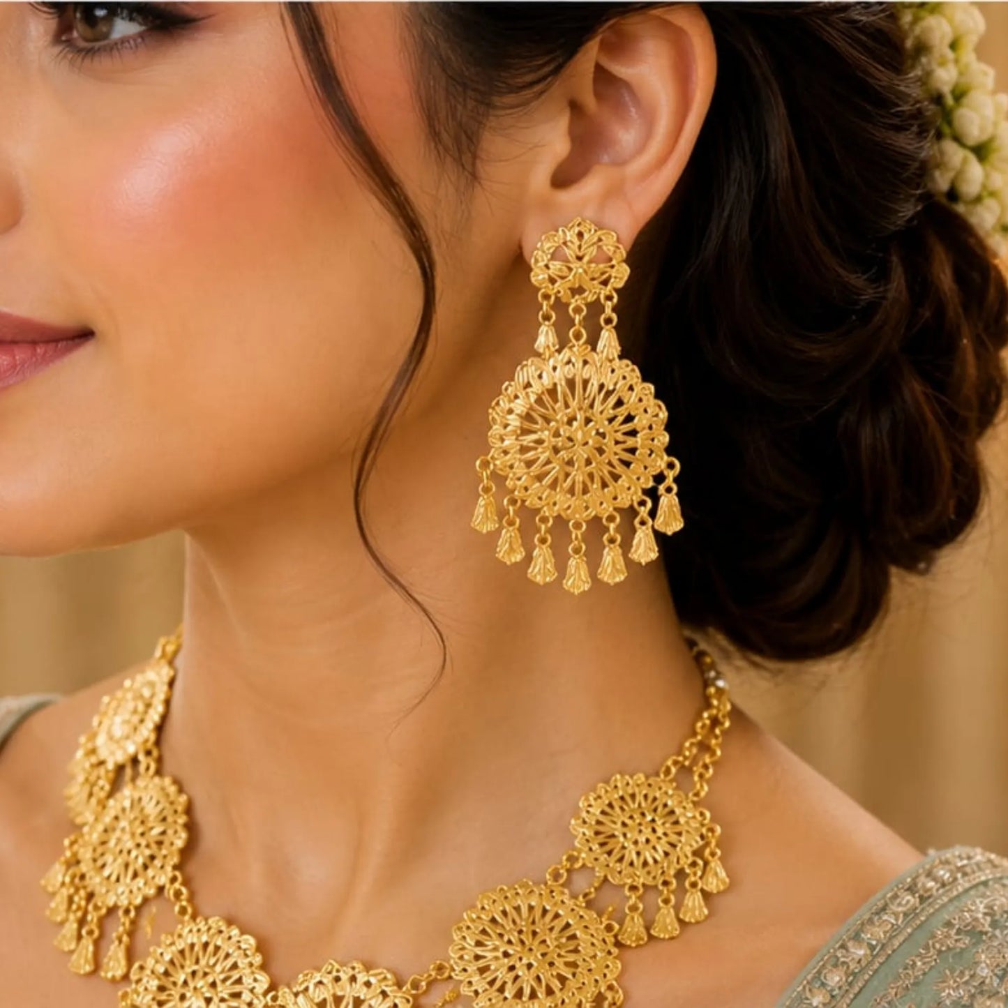 Golden Petal Cascade Filigree Necklace Set