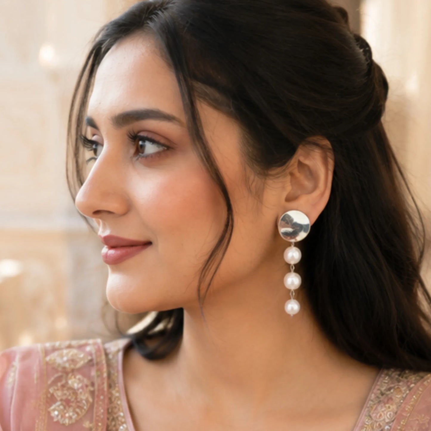 Silver Disc Pearl Drop Earrings