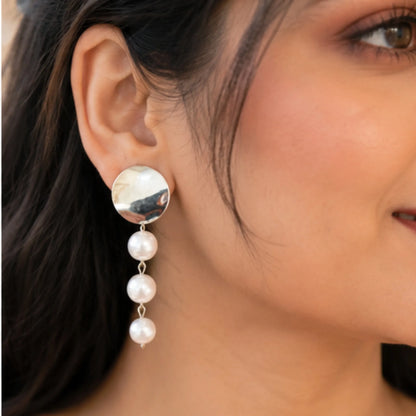Silver Disc Pearl Drop Earrings