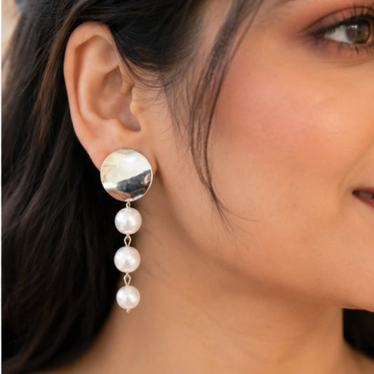 Silver Disc Pearl Drop Earrings