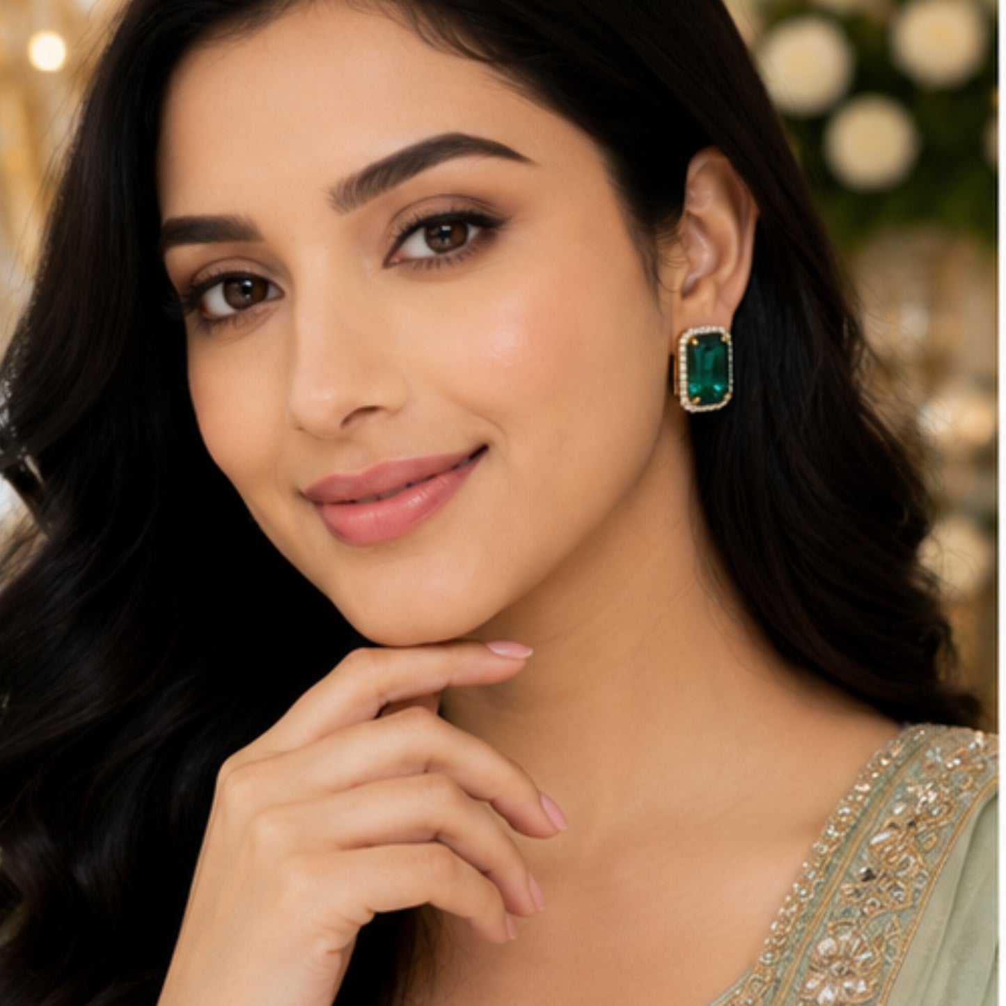 Emerald Radiance Crystal Studs with Dual-Tone Border