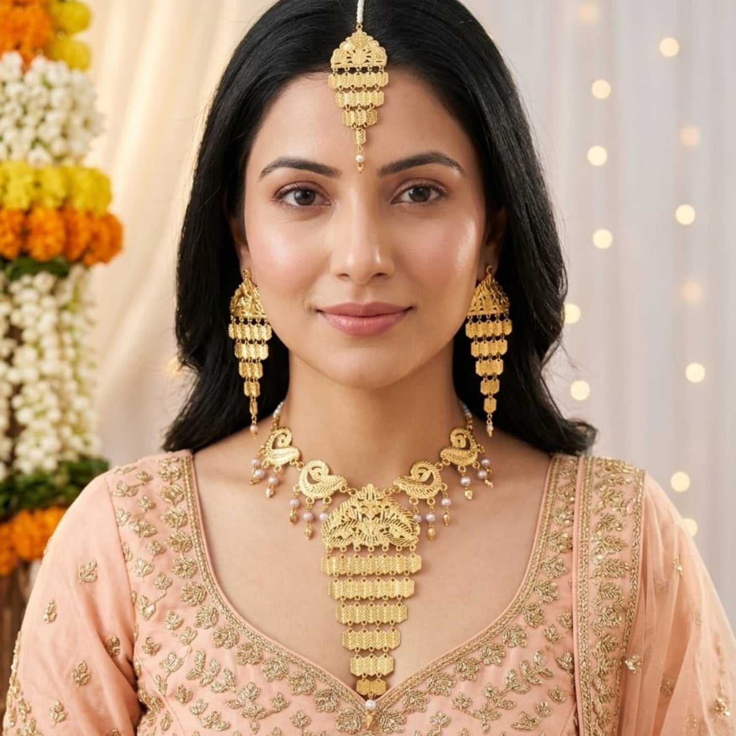 Traditional Peacock Gold-Tone Necklace Set