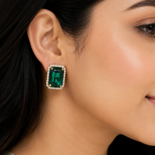 Emerald Radiance Crystal Studs with Dual-Tone Border