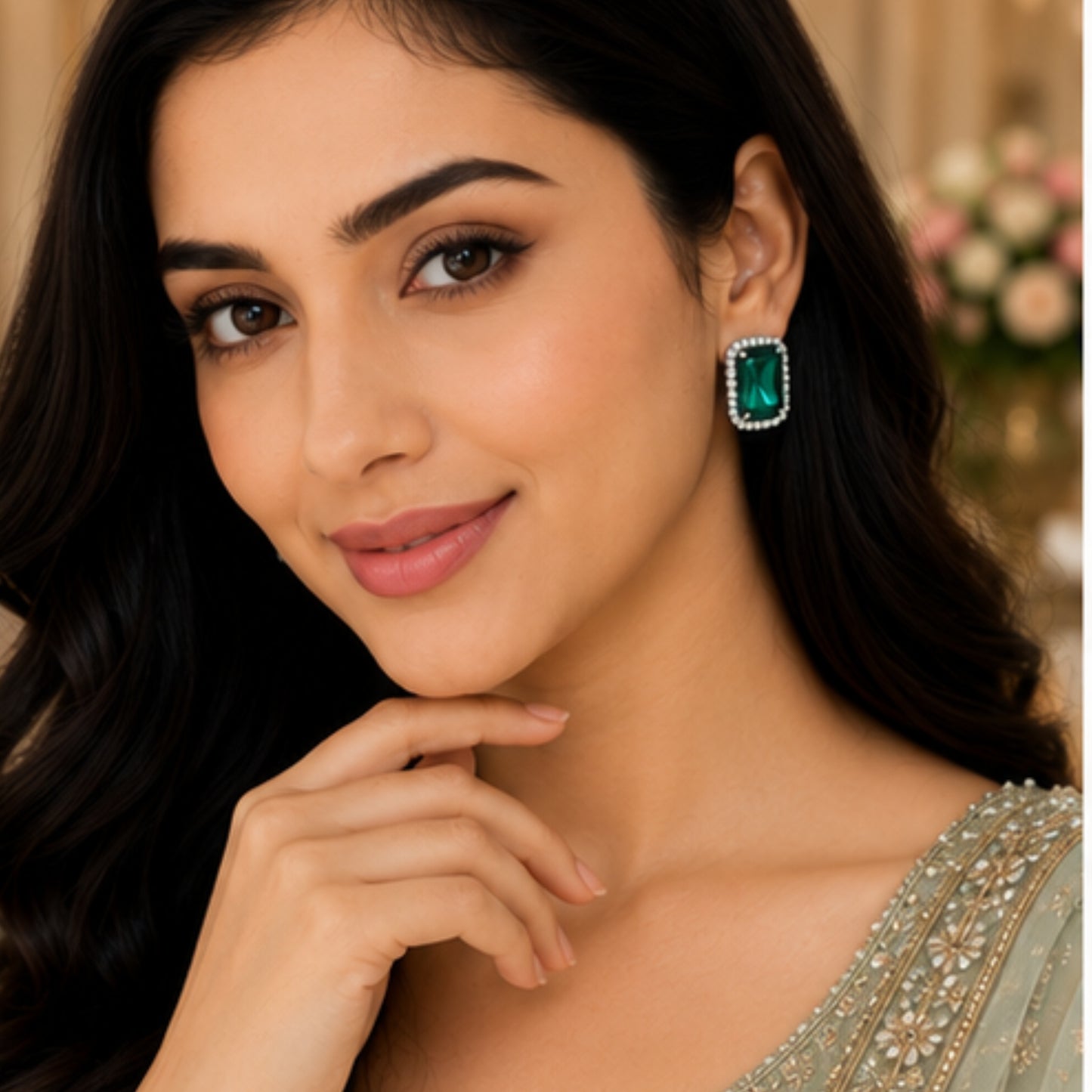 Emerald Radiance Crystal Studs with Dual-Tone Border