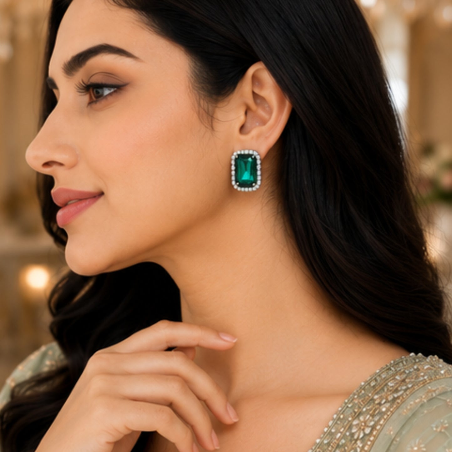 Emerald Radiance Crystal Studs with Dual-Tone Border