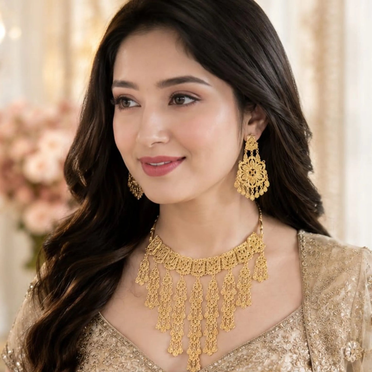 Traditional Gold-Tone Tassel Necklace Set