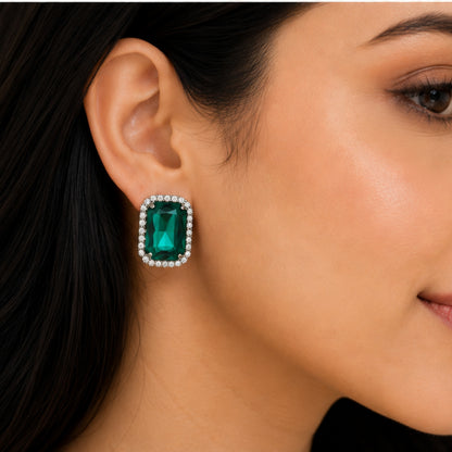 Emerald Radiance Crystal Studs with Dual-Tone Border