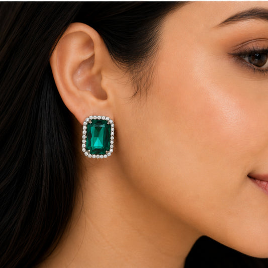Emerald Radiance Crystal Studs with Dual-Tone Border