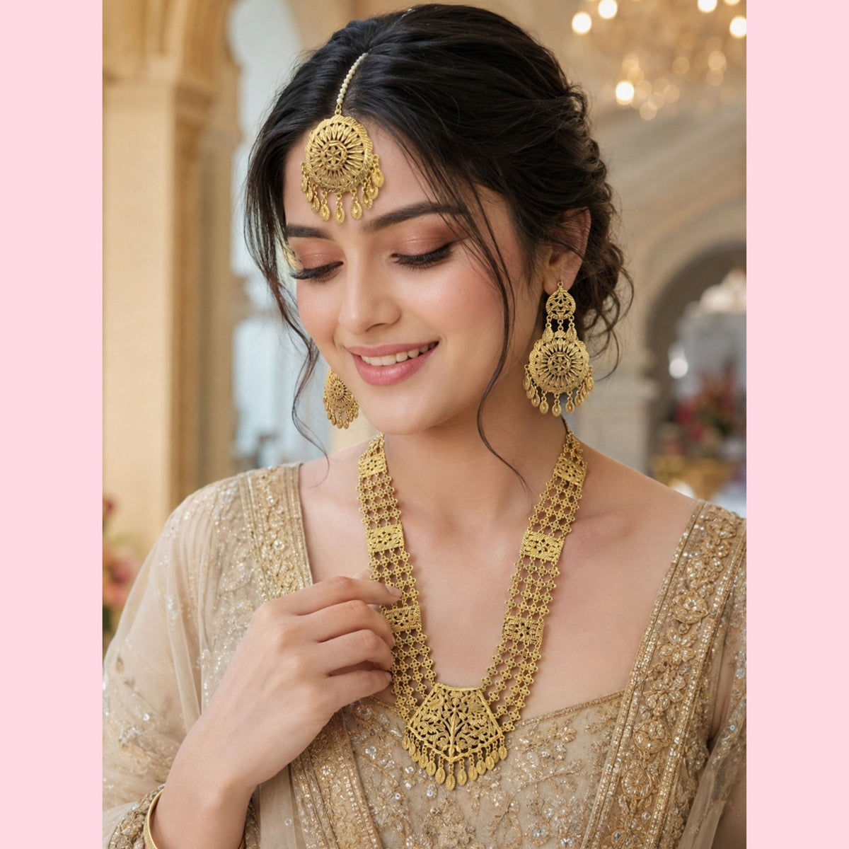 Traditional Bridal Long Necklace Set with tikka