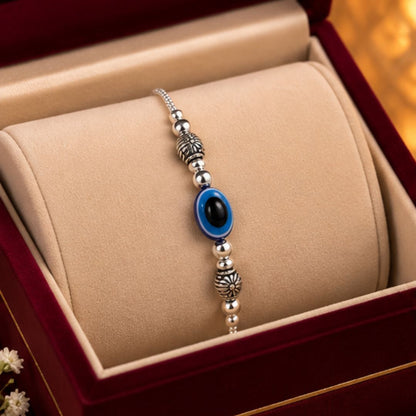 Silver Evil Eye Anklet with Blue Nazar Bead & Antique Floral Charms
