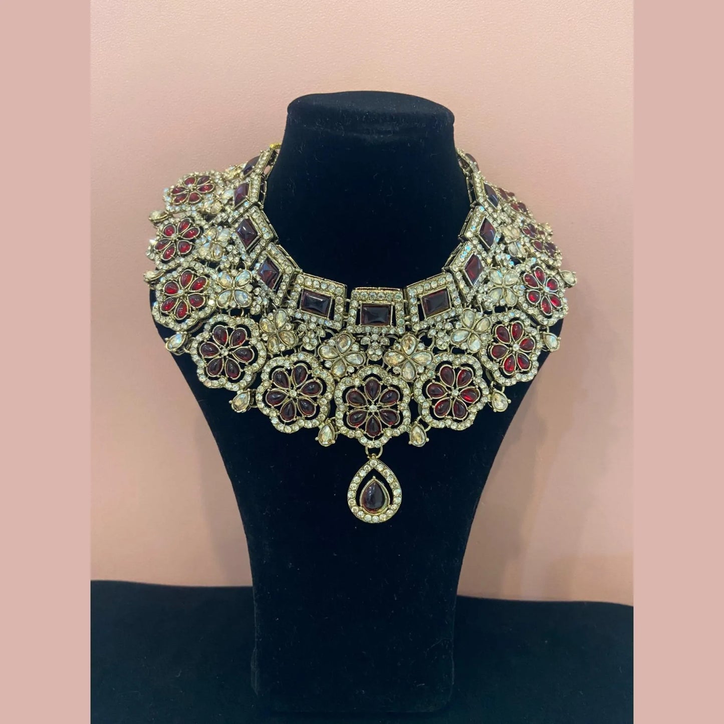 Maroon Stone Bridal Necklace Set with Earrings & Maang Tikka