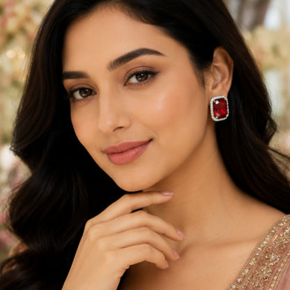 Regal Crimson Crystal Studs with Dual-Tone Border