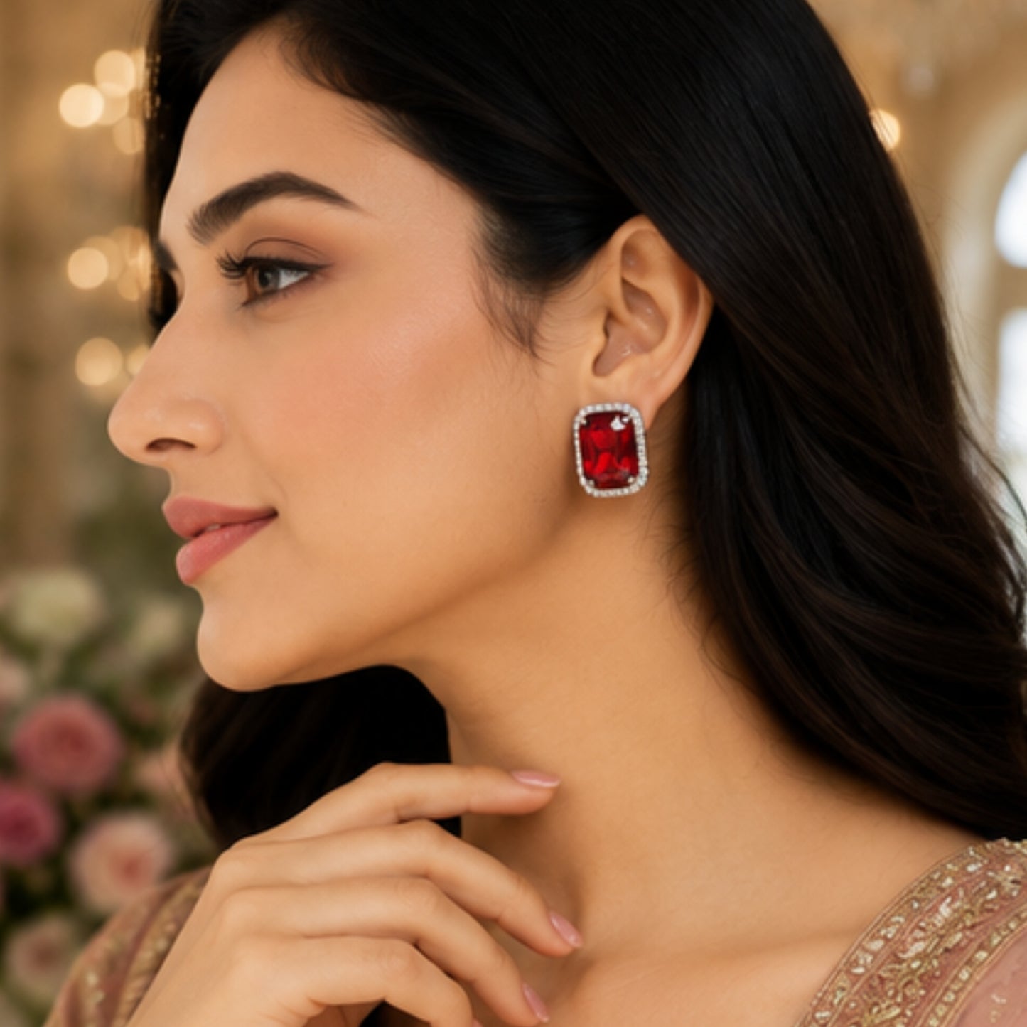 Regal Crimson Crystal Studs with Dual-Tone Border