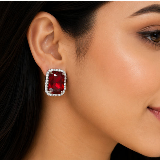 Regal Crimson Crystal Studs with Dual-Tone Border