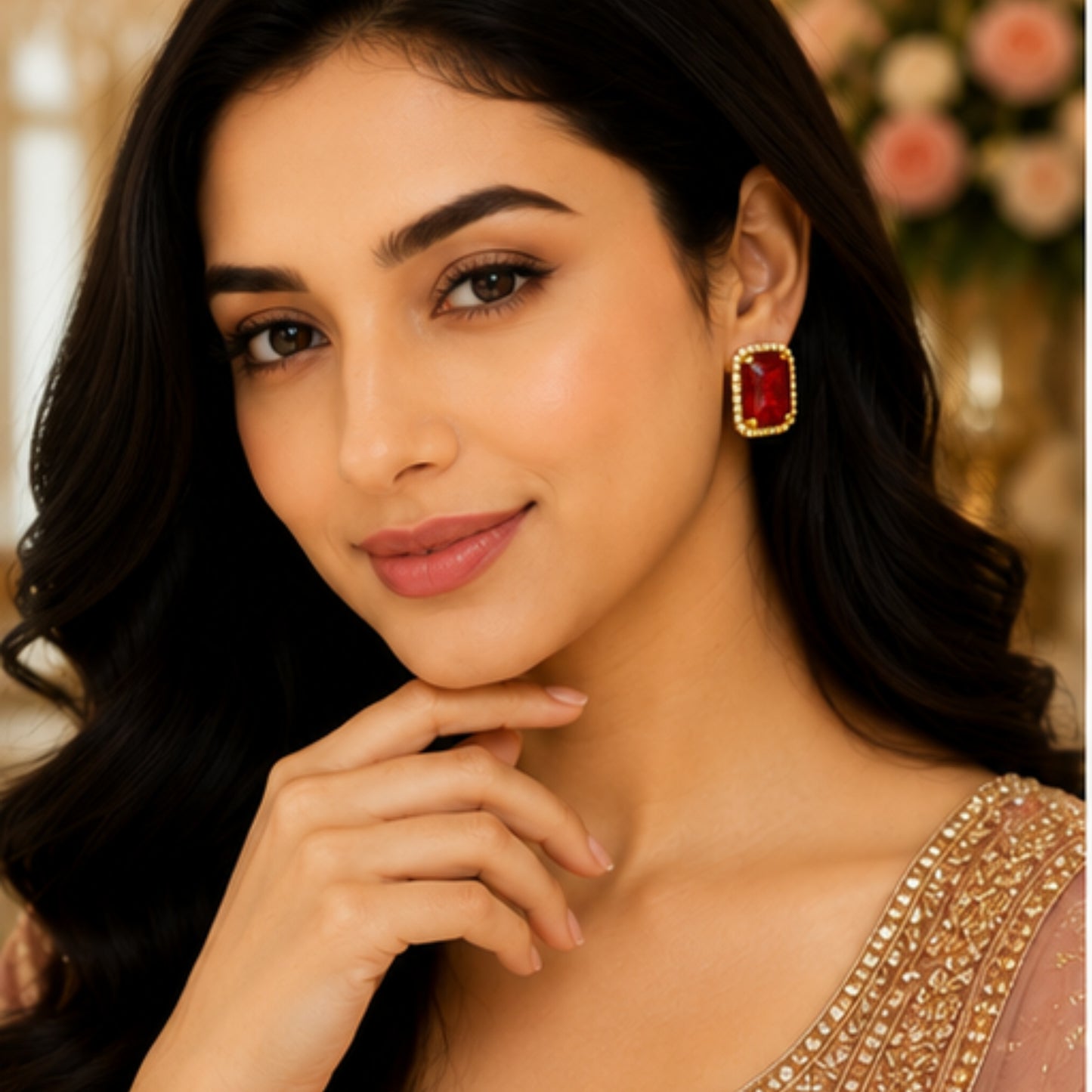 Regal Crimson Crystal Studs with Dual-Tone Border