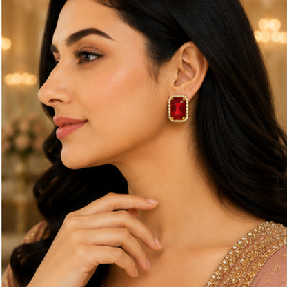 Regal Crimson Crystal Studs with Dual-Tone Border