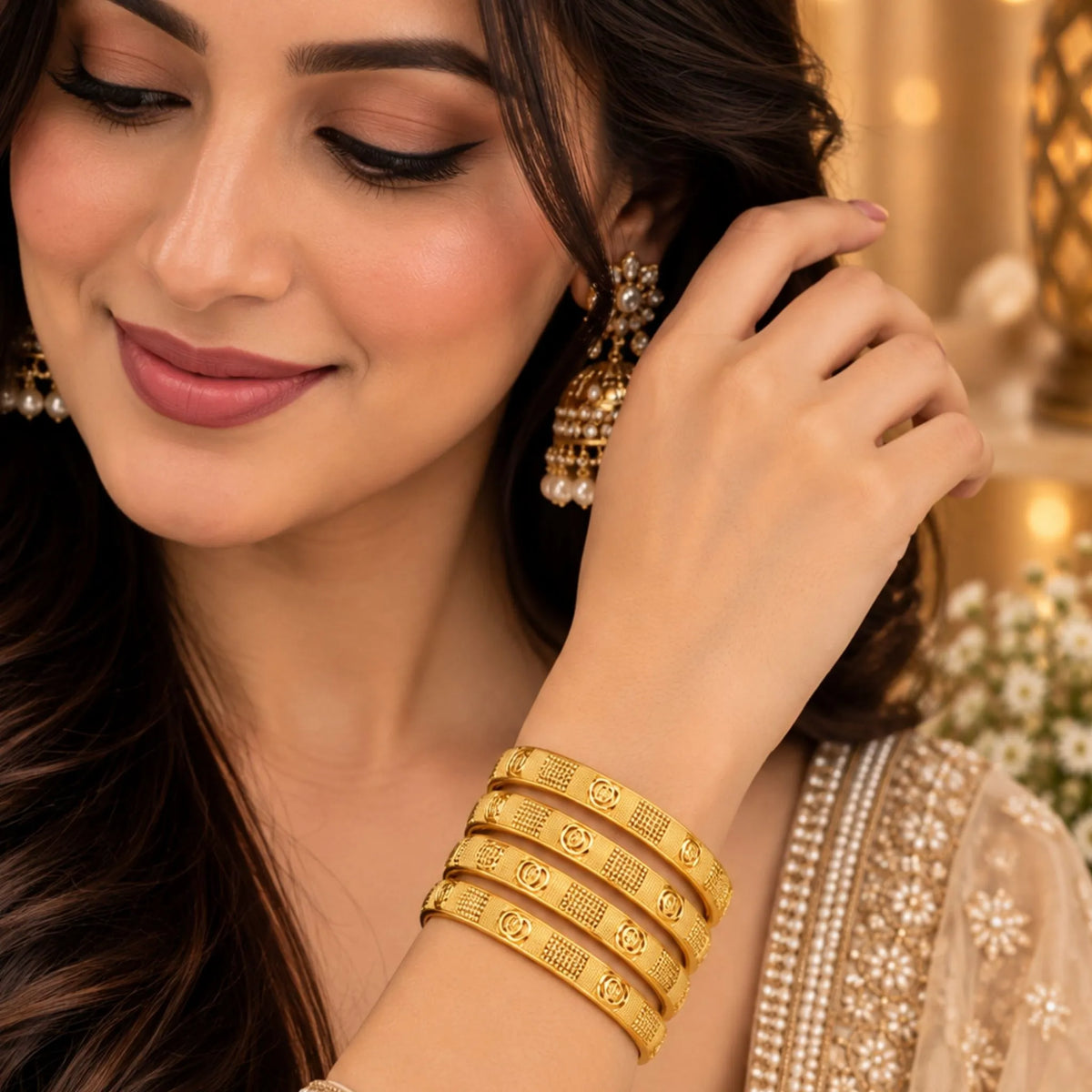 Traditional Gold-Tone Textured Bangle Set
