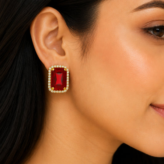 Regal Crimson Crystal Studs with Dual-Tone Border