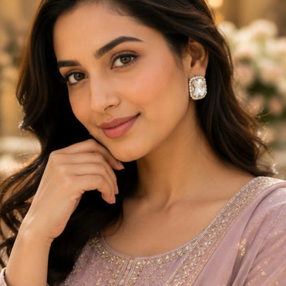 Ivory Glow Crystal Studs with Dual-Tone Border