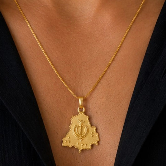 Unisex Gold-Tone Punjab Khanda Map Pendant Necklace – Minimalist Everyday Chain
