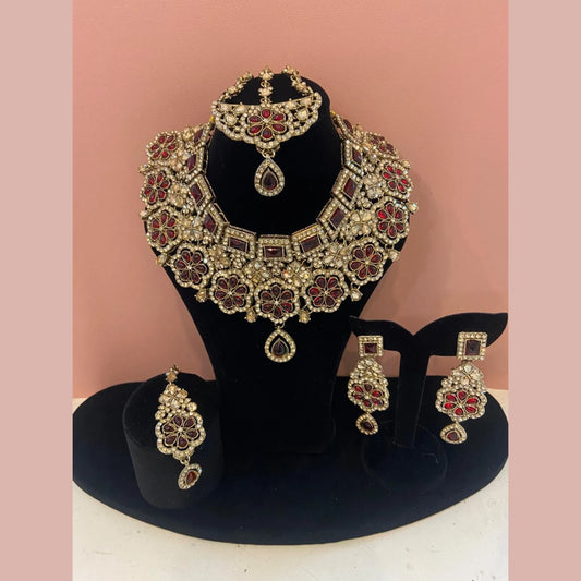 Maroon Stone Bridal Necklace Set with Earrings & Maang Tikka
