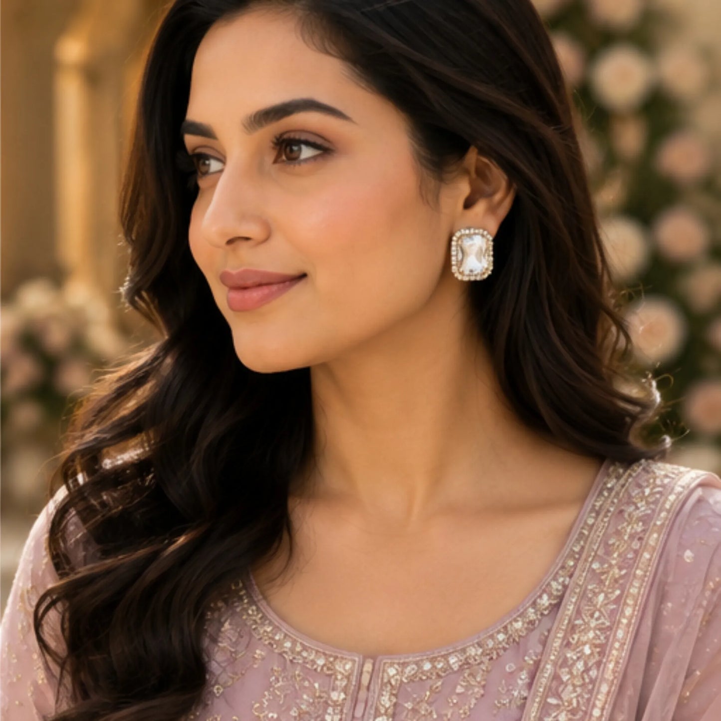 Ivory Glow Crystal Studs with Dual-Tone Border