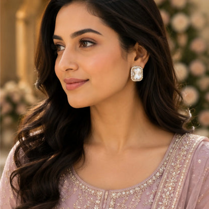 Ivory Glow Crystal Studs with Dual-Tone Border