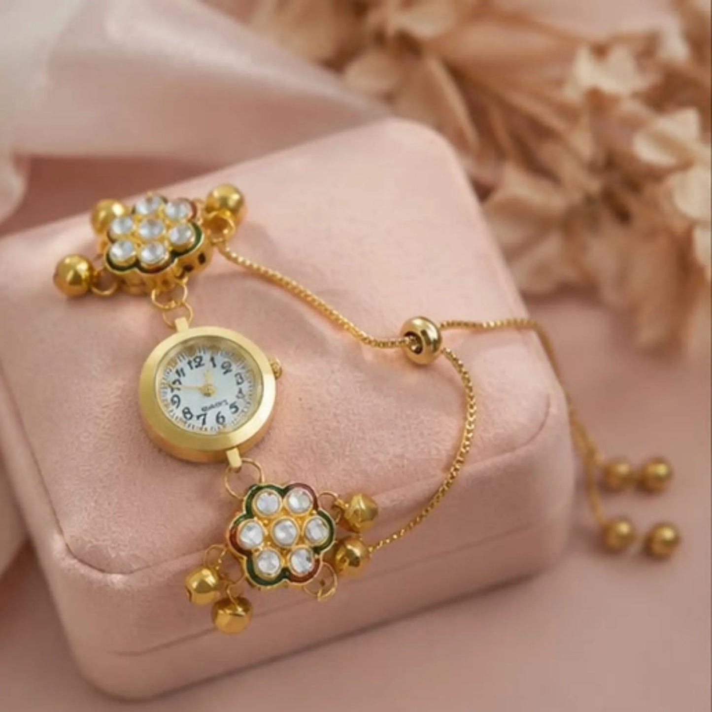 Traditional Gold Floral Bracelet Watch – Adjustable Ethnic Ladies Watch with Ghungroo Detail