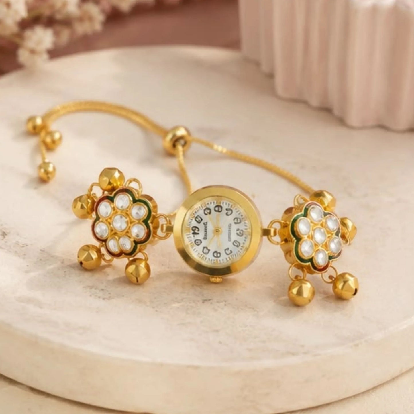 Traditional Gold Floral Bracelet Watch – Adjustable Ethnic Ladies Watch with Ghungroo Detail