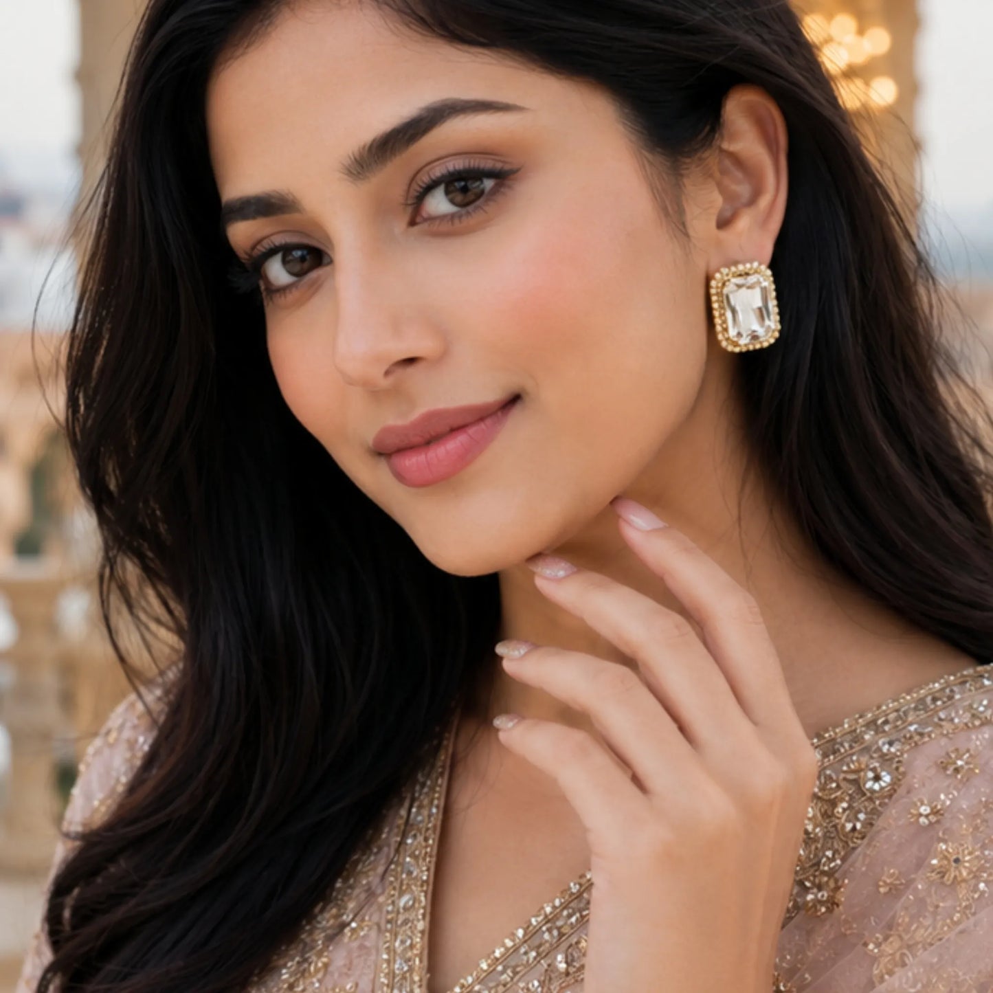 Ivory Glow Crystal Studs with Dual-Tone Border