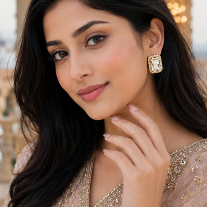 Ivory Glow Crystal Studs with Dual-Tone Border