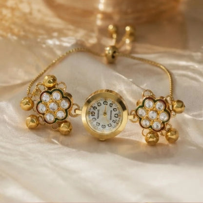 Traditional Gold Floral Bracelet Watch – Adjustable Ethnic Ladies Watch with Ghungroo Detail