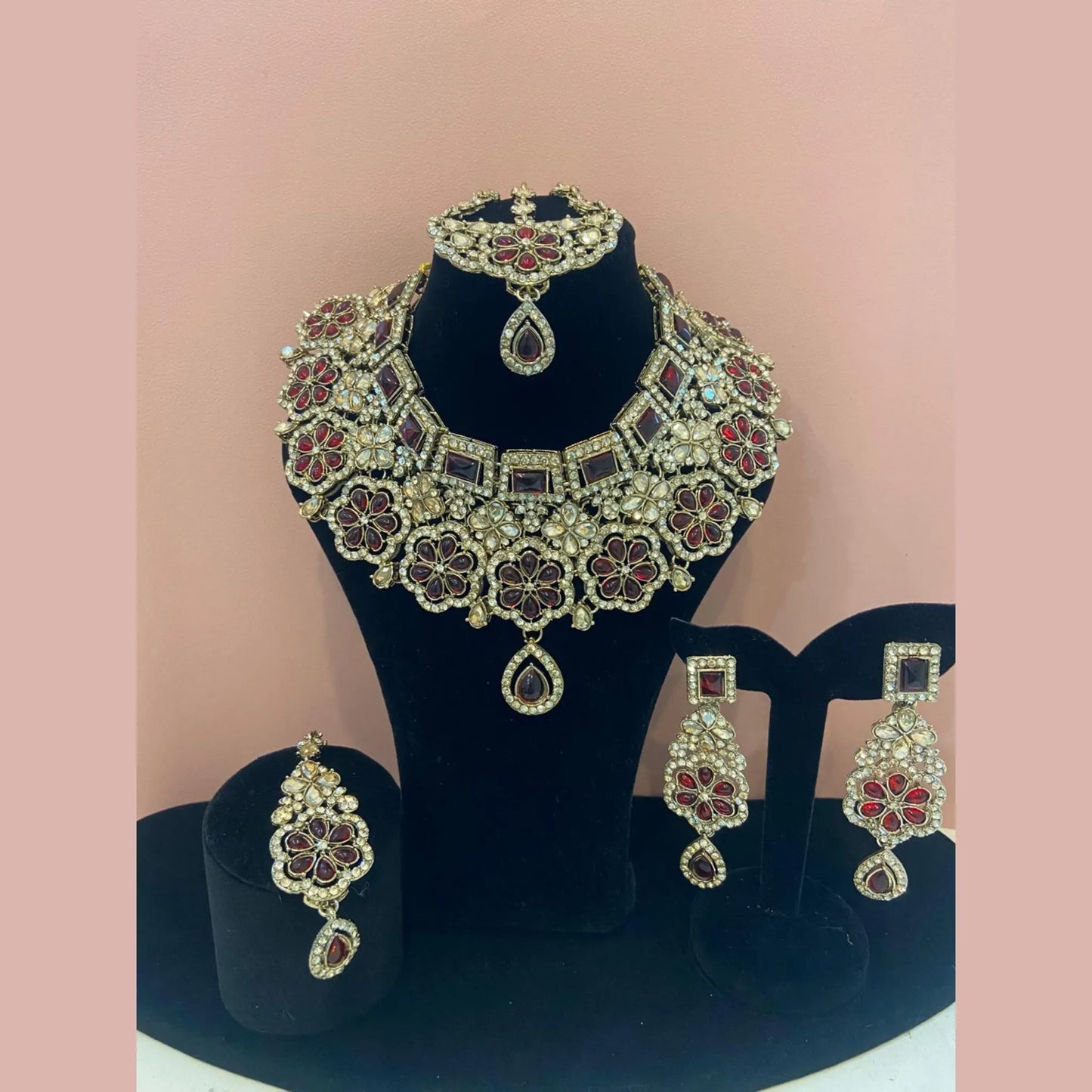 Maroon Stone Bridal Necklace Set with Earrings & Maang Tikka