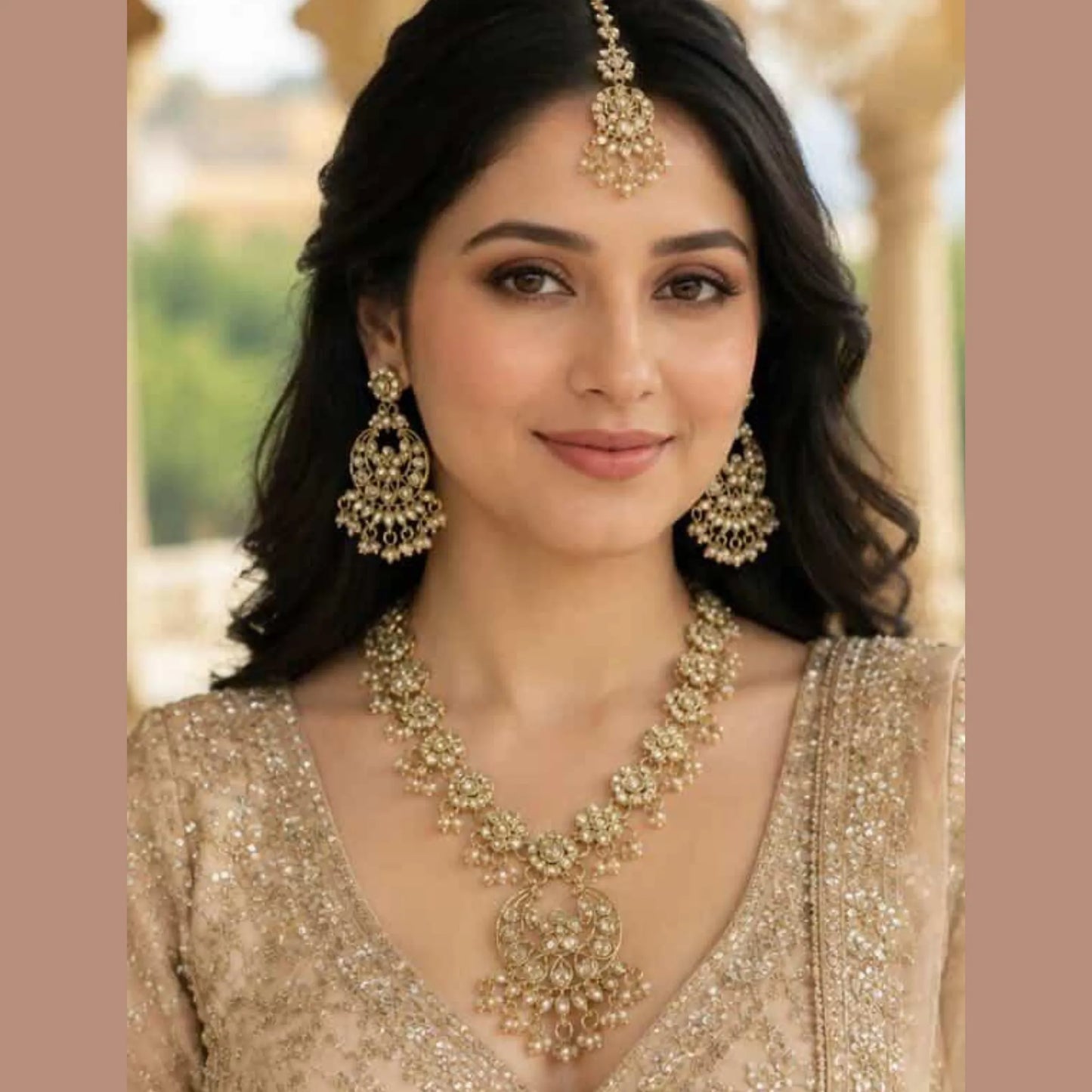 Gold pearl necklace with moon earrings and maang tikka