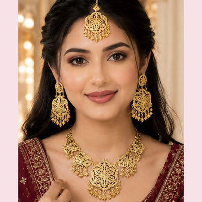 Traditional Gold-Tone Floral Necklace Set with Tikka