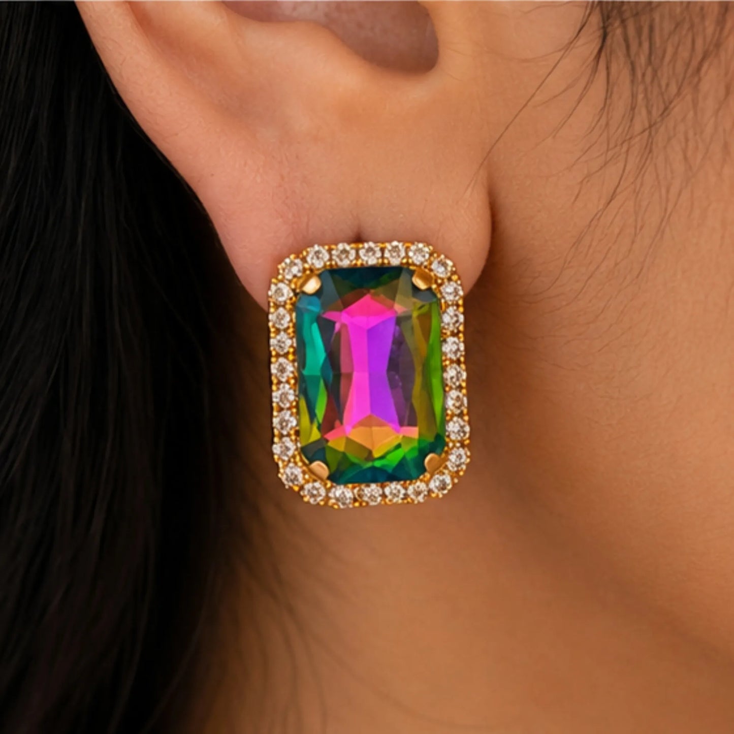 Prism Multicolor Crystal Studs with Dual-Tone Border