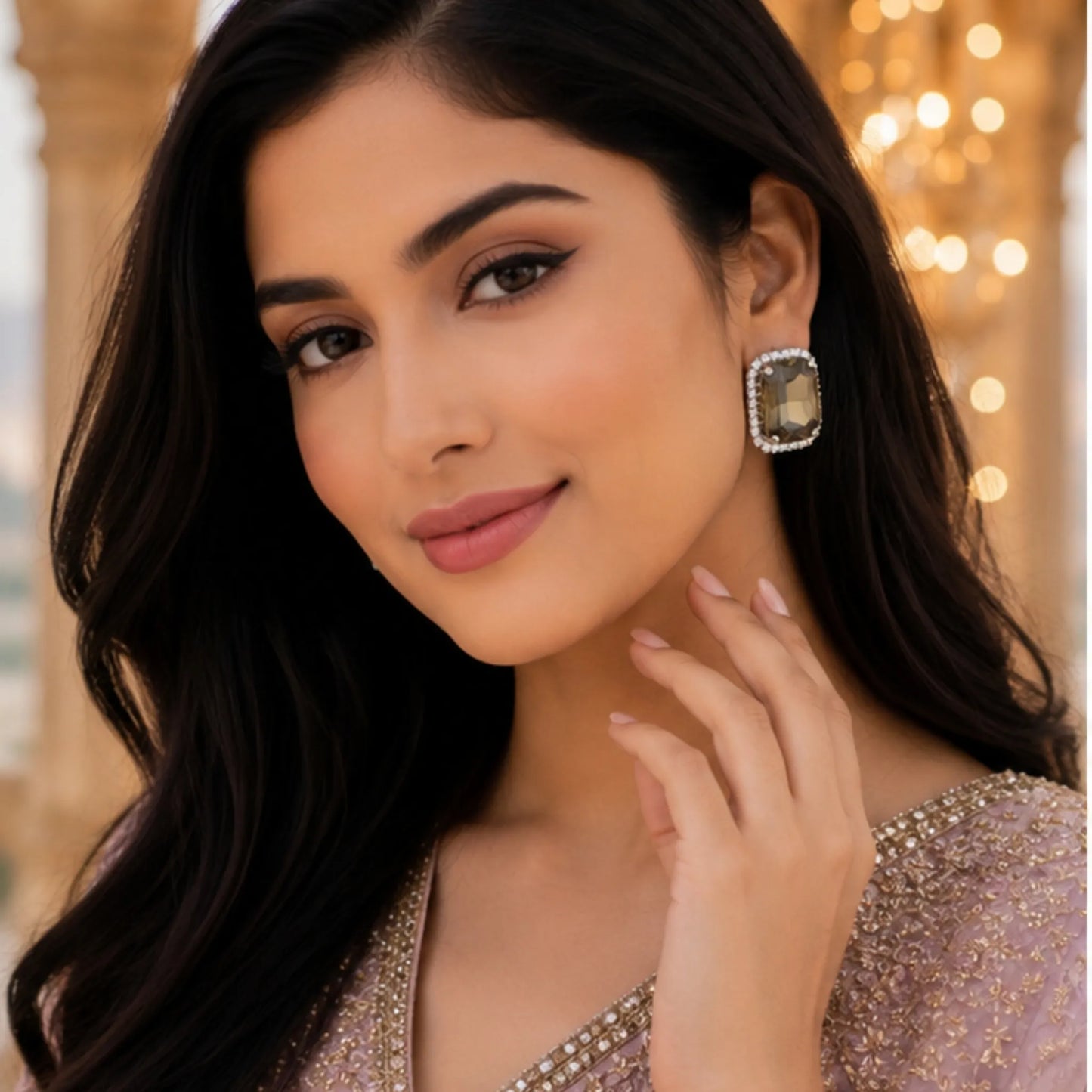 Smokey Topaz Crystal Studs with Dual-Tone Border