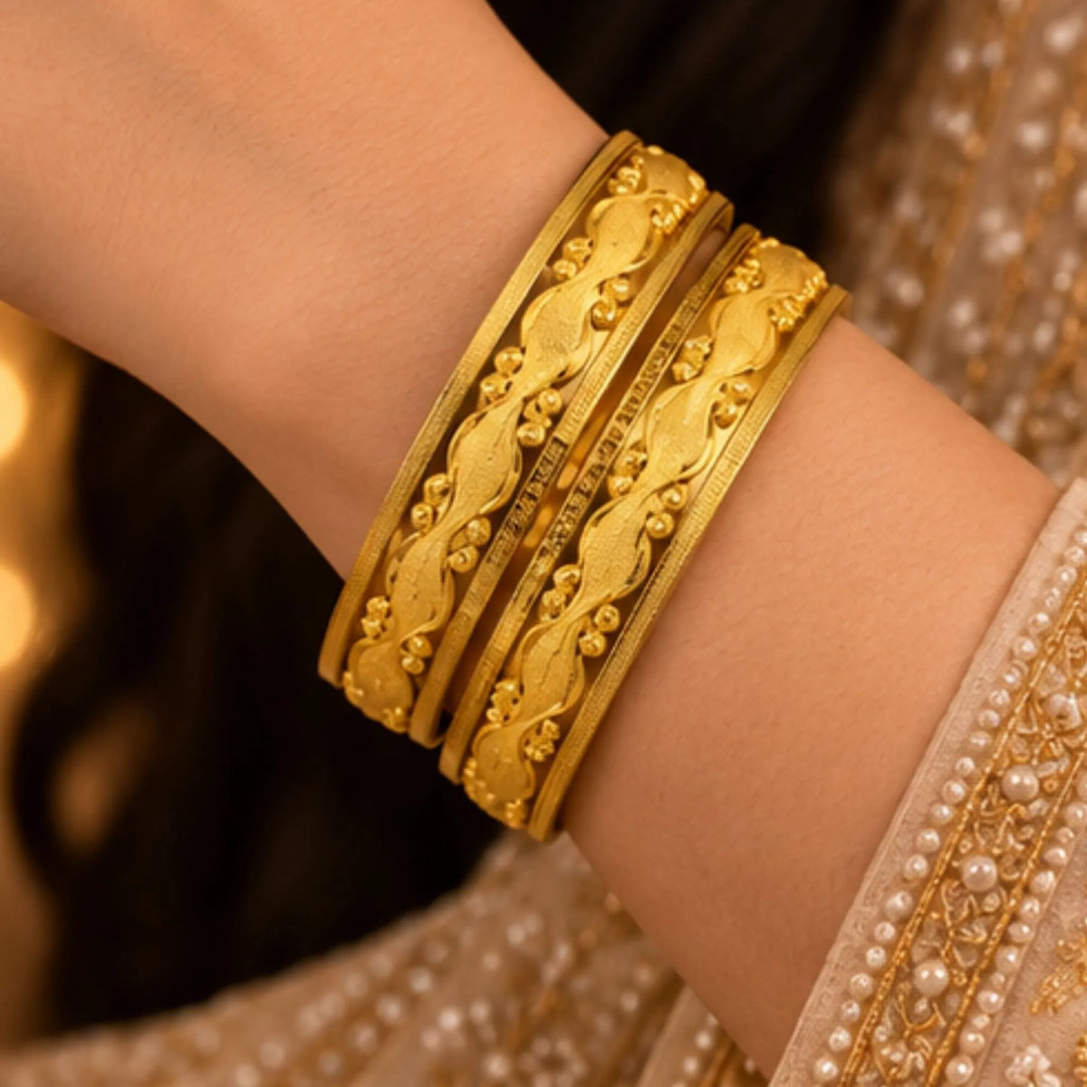 Traditional Gold-Tone Floral Pattern Bangle Pair