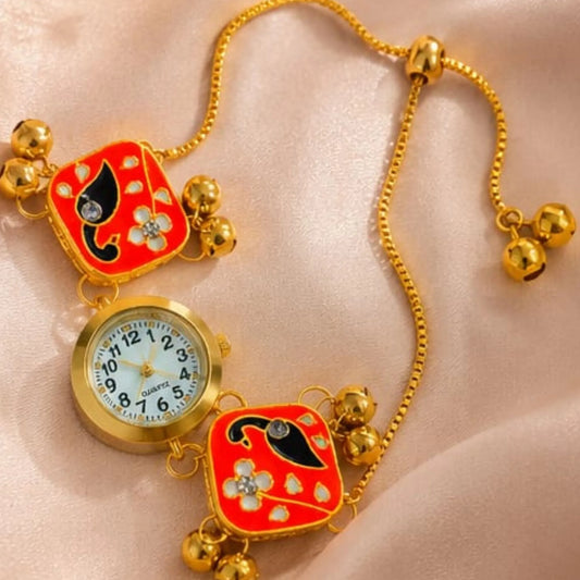 Orange Meenakari Bracelet Watch for Women