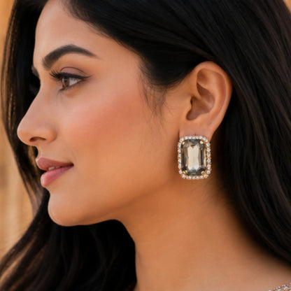 Smokey Topaz Crystal Studs with Dual-Tone Border
