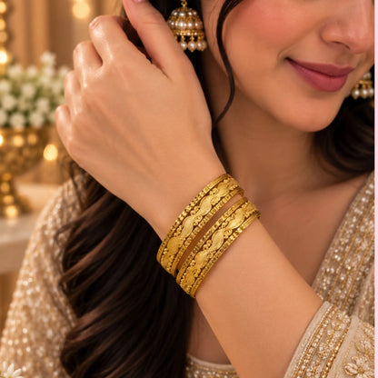 Traditional Gold-Tone Floral Pattern Bangle Pair