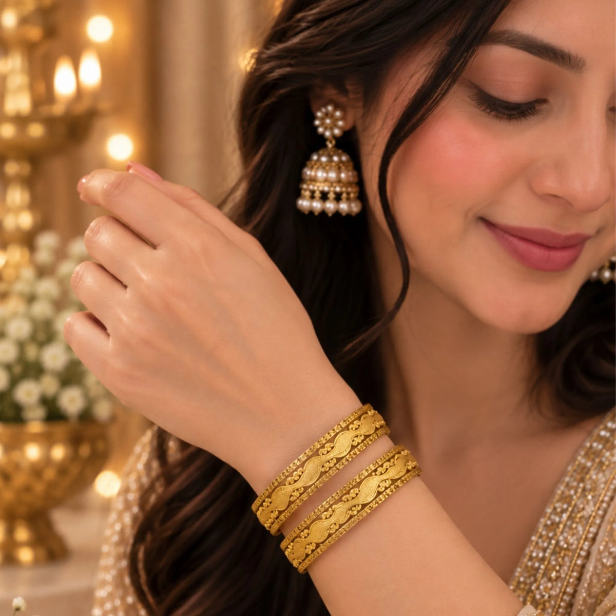 Traditional Gold-Tone Floral Pattern Bangle Pair