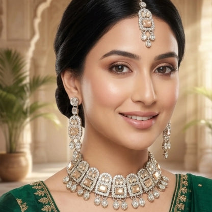 Royal Champagne Glow Necklace Set with Earrings & Maang Tikka