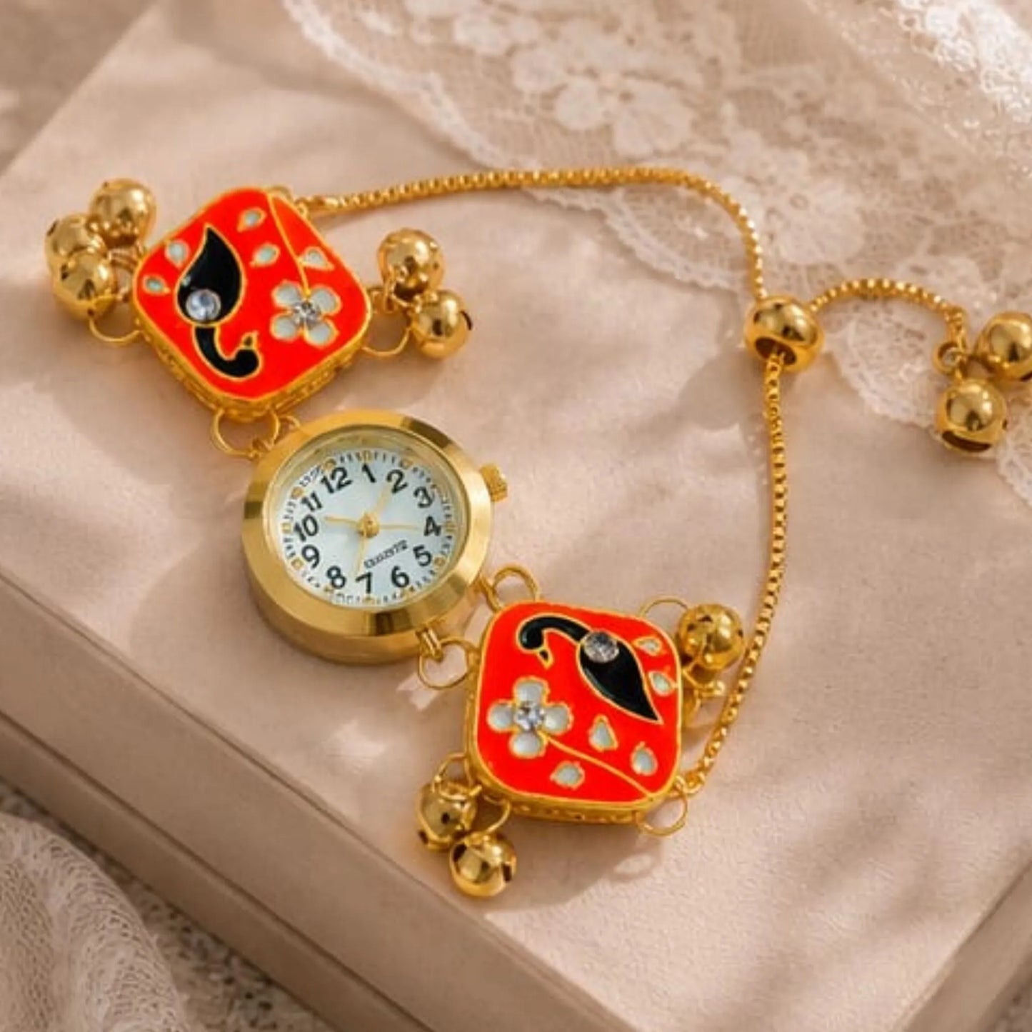 Orange Meenakari Bracelet Watch for Women