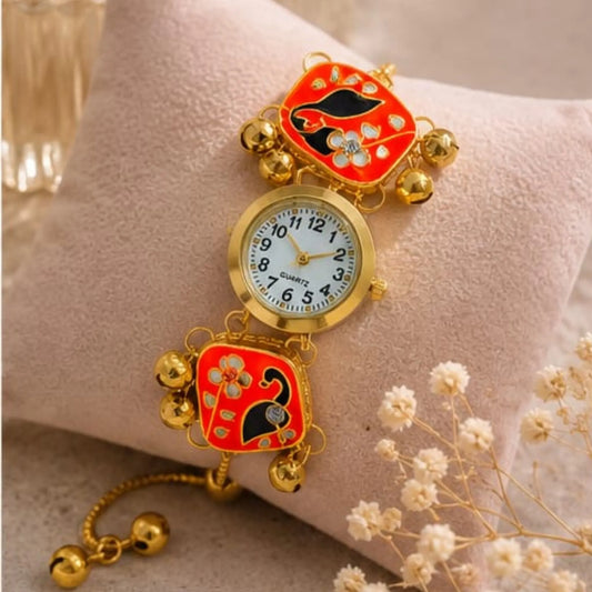 Orange Meenakari Bracelet Watch for Women