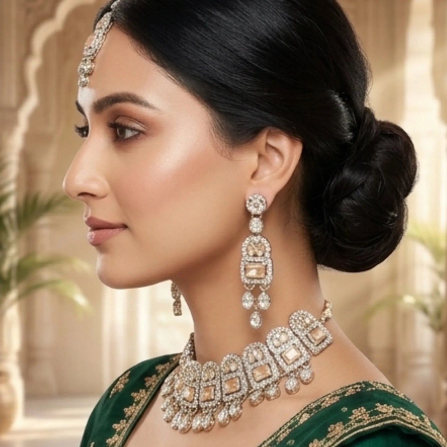 Royal Champagne Glow Necklace Set with Earrings & Maang Tikka