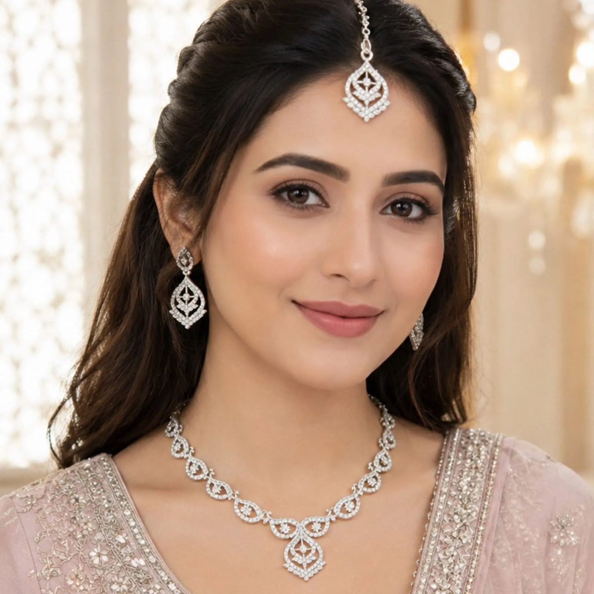 Silver-Tone Stone Necklace Set with Tikka