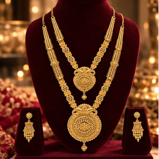 Gold Double Necklace Set with Circular Filigree Pendants